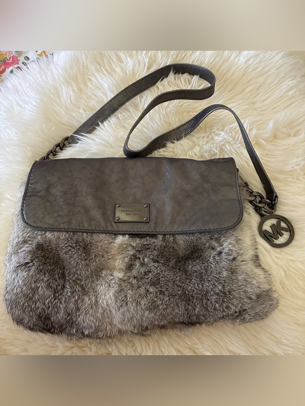 Michael Kors Gray Fur Leather Cross Body / Shoulder Bag